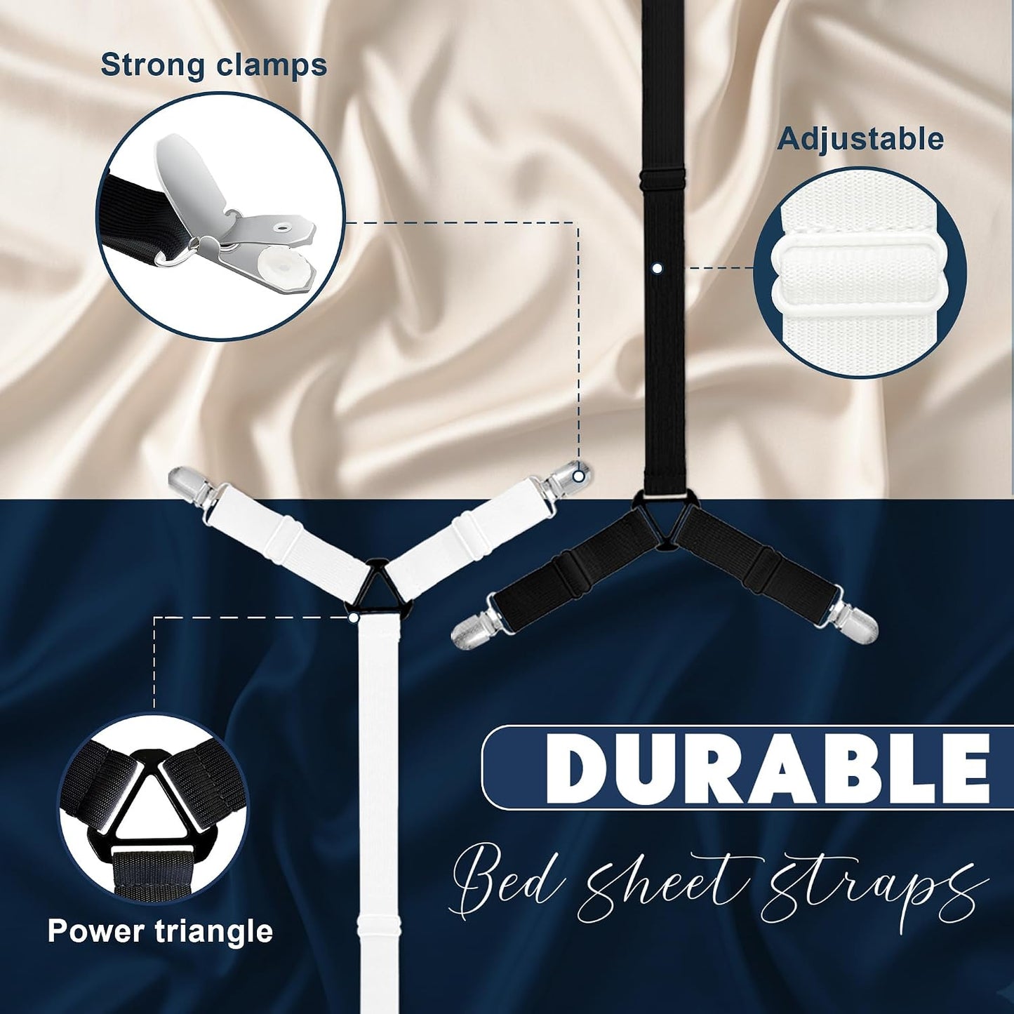 SYIPO 2 PCS Bed Sheet Straps, Adjustable Extended Bed Sheet Fasteners Fitted Sheet Clips, Nonslip Extra Strong Elastic Fasteners with Iron Clips Sheet Holder Straps | Easy Install on Bed Sheets, White