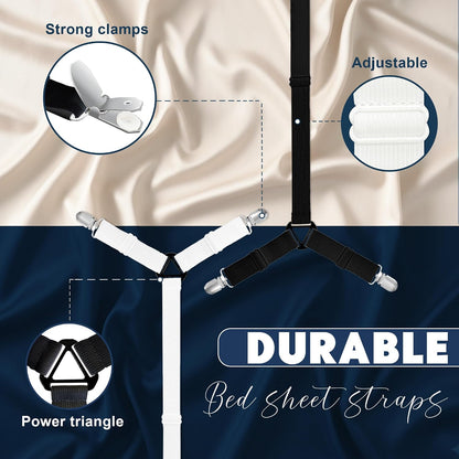 SYIPO 2 PCS Bed Sheet Straps, Adjustable Extended Bed Sheet Fasteners Fitted Sheet Clips, Nonslip Extra Strong Elastic Fasteners with Iron Clips Sheet Holder Straps | Easy Install on Bed Sheets, White