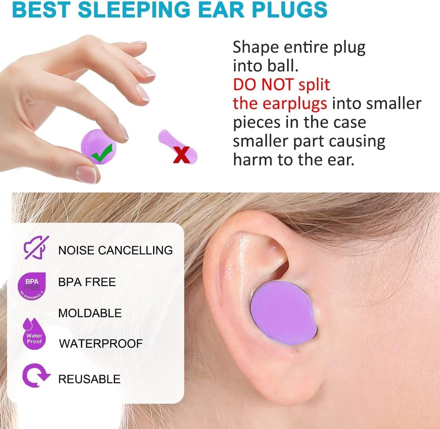 Ear Plugs for Sleeping, Waterproof Moldable Silicone EarPlugs for Sleeping Noise Cancelling, Mowing, Swimming and Concerts, 8 Pair (16 Count)