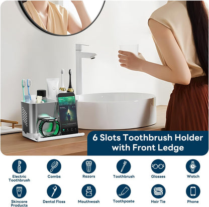Bathroom Organizers and Storage 6 Slots Wood Grain Electric Toothbrush Holders with Phone Holder and Adjustable Dividers, Cord-Friendly Toothbrush Organizer with Drainage for Family, Kids