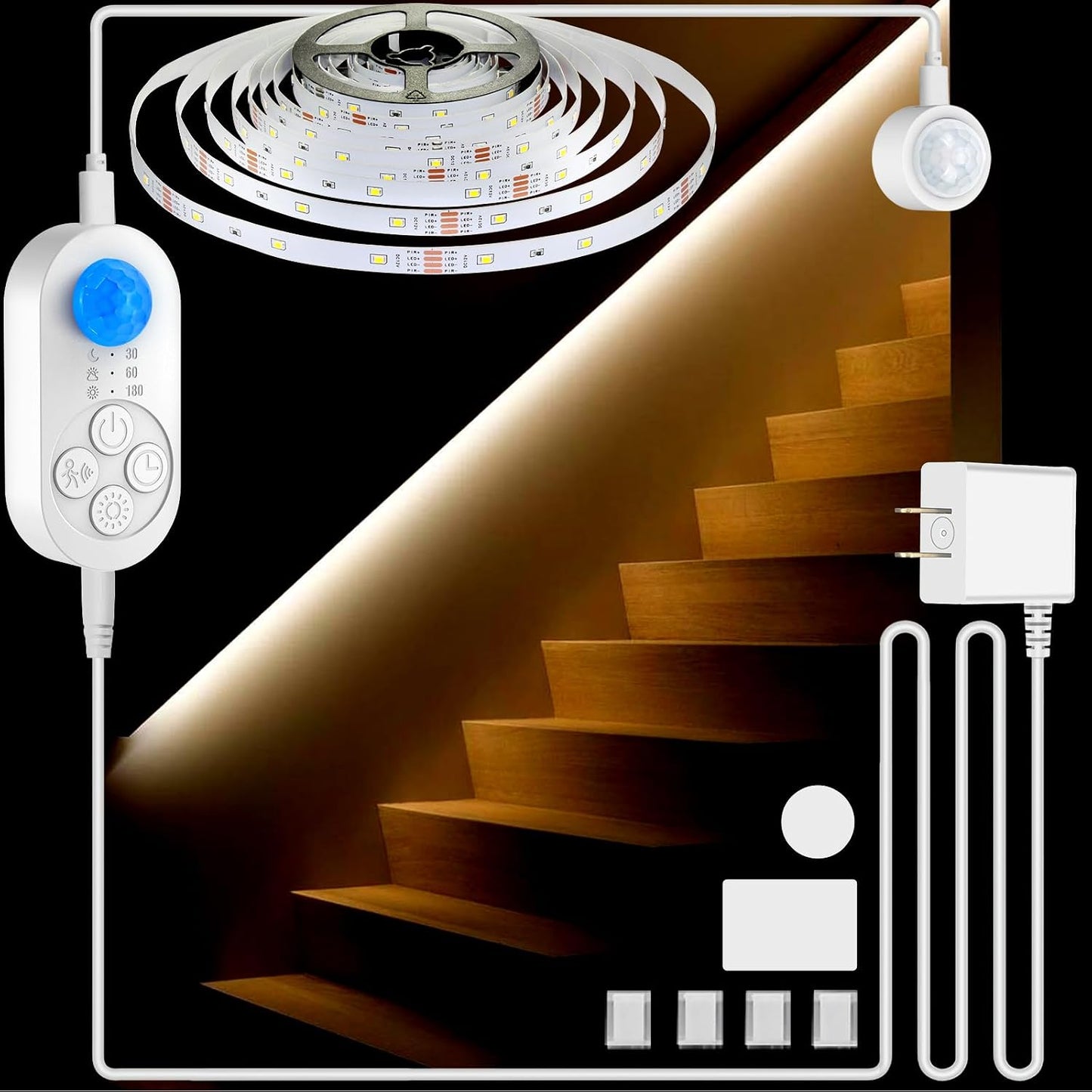 Dual Sensor Stair Lights Indoor, Motion Activated Plug-in Step Light Strip Indoor with Dimmer, Delay Timer for Stairway (Warm White 3000K (16.4FT Light Strip), Power Adapter (16.4FT Cable))
