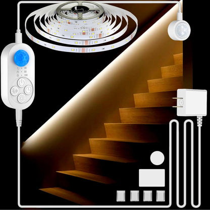 Dual Sensor Stair Lights Indoor, Motion Activated Plug-in Step Light Strip Indoor with Dimmer, Delay Timer for Stairway (Warm White 3000K (16.4FT Light Strip), Power Adapter (16.4FT Cable))