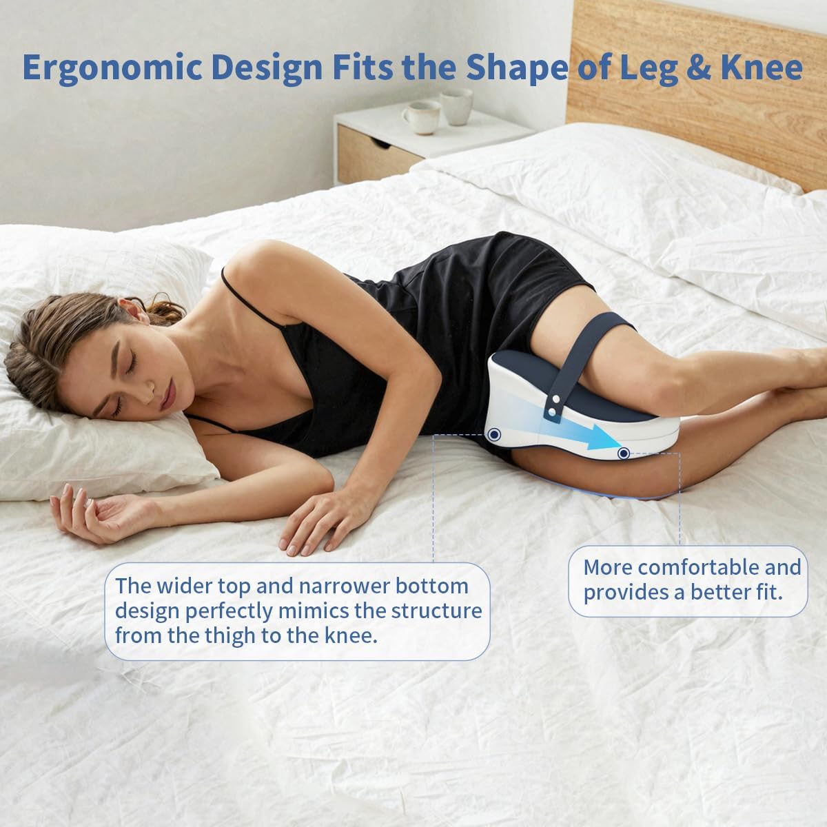 Knee Pillow for Side Sleepers - Removable Adjustable Strap Between Leg Pillow for Side Sleeping - Cooling Cover Memory Foam Knee Pillow for Hip Pain, Spine Alignment, Navy Blue