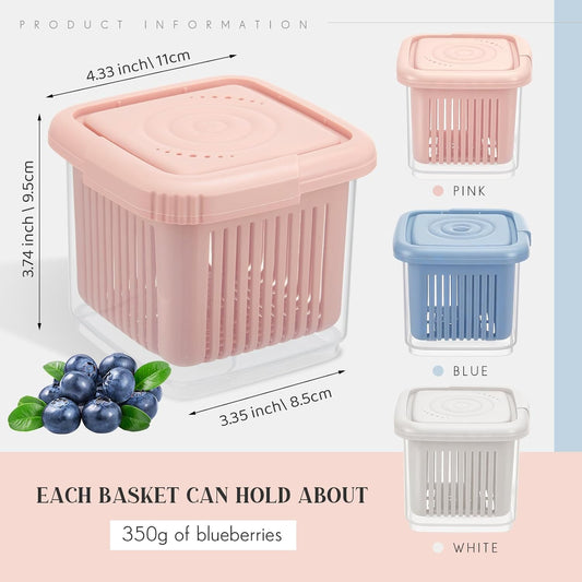LemonRoad Set of 3 Berry Containers for Fridge, 1-Quart Berry Basket with Removable Colander, Kitchen Fruit Baskets for refrigerator, for Strawberry, Grape, Cherry, Berries Fresh longer