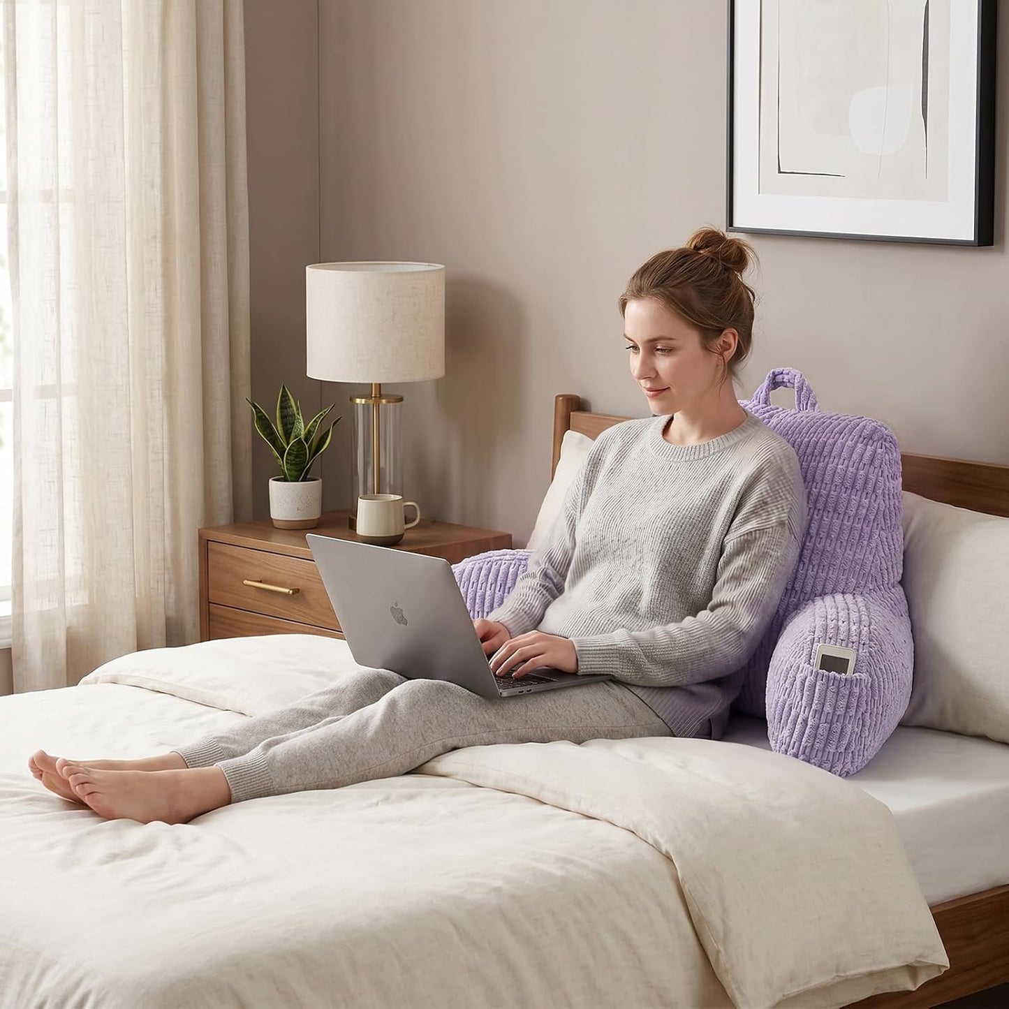 Reading Pillow with Arms for Sitting in Bed,Backrest,White Flannel,M | 17" Backrest Supports Back for College Students,Elbows & Forearms for Dorm Reading,Gaming,Watching TV