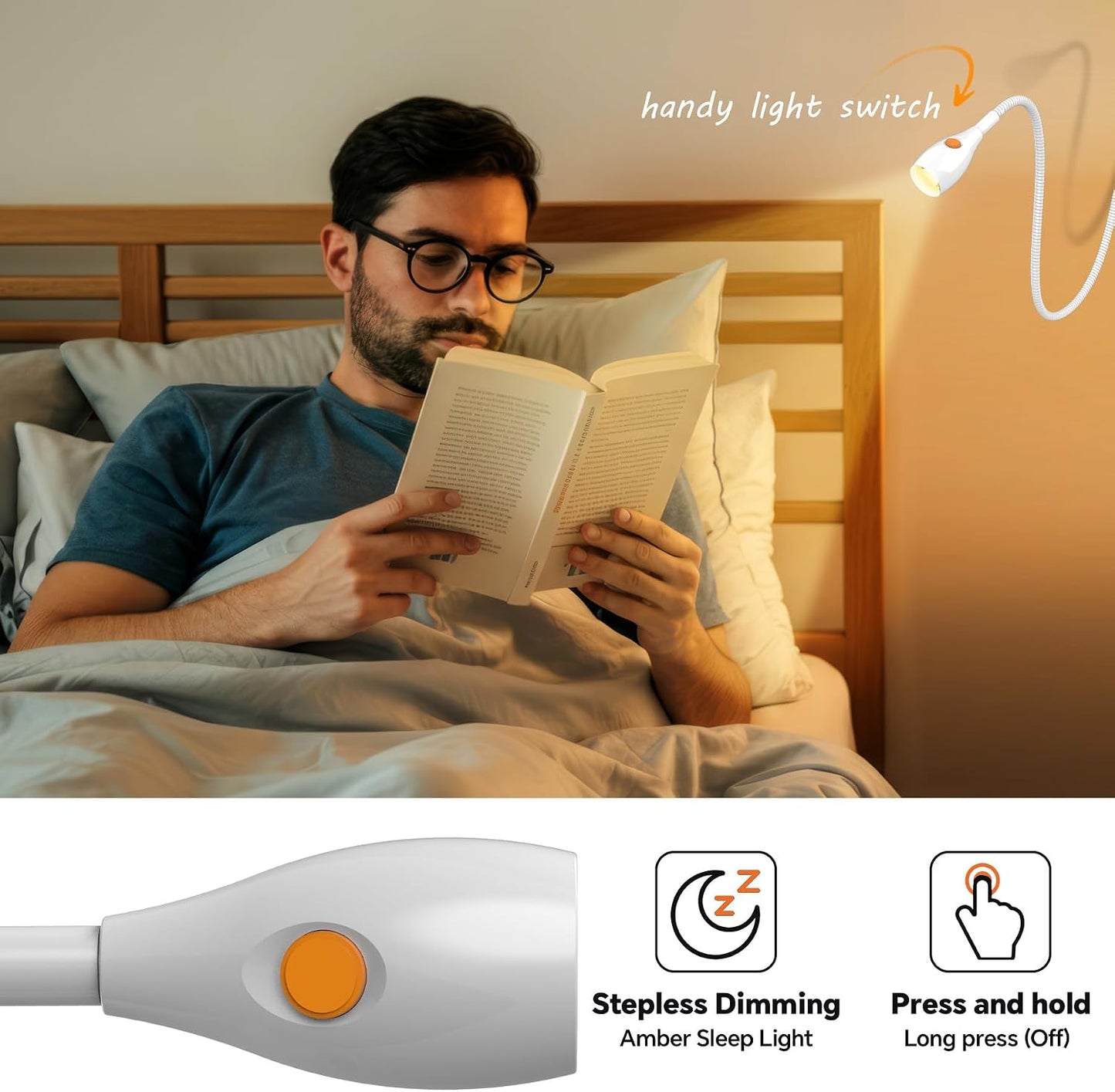 Wall Mounted Reading Light, Minimalist Headboard Mount Book Light, Dimmable LED with Lamp Head Switch Reading Lamp, USB-C Powered, CRI 95+ (4000K + Amber Nightlight) (Black)