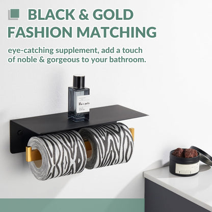 APLusee Matte Black Toilet Paper Holder with Storage Shelf, Wall Mounted | Rustproof 304 Stainless Steel, 2-in-1 Functional Toilet Paper and Phone Storage, Fits Bathroom, Restroom, Vanity, Kitchen