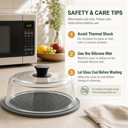 2 in 1 Glass Microwave Splatter Cover,Glass Microwave Cover,10 In | Glass microwave cover for food with vent holes,Easy-grip silicone knob,Doubles as a microwave mat,No plastic