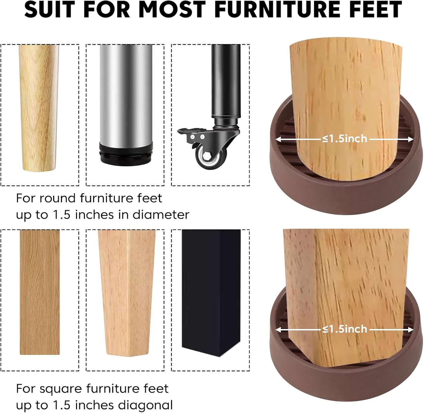 Rubber Non-Slip Furniture Pads, 2"x2" Casters Cup, Round, Brown, 8 PCS | Rubber Feet Floor Protector For Hardwood Floors, Prevent Scratching of The Floor, For Bed Sofa Table and Chair, Stopper