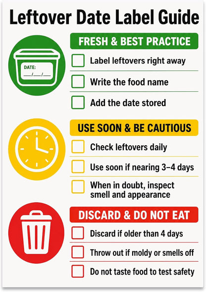 Leftover Date Label Guide Poster - Kitchen Organization - 13x19 | Glossy 13x19 poster print for kitchen organization, meal prep reminders, and food safety education.