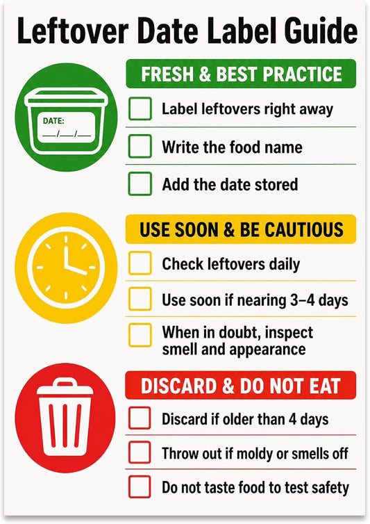 Leftover Date Label Guide Poster - Kitchen Organization - 13x19 | Glossy 13x19 poster print for kitchen organization, meal prep reminders, and food safety education.