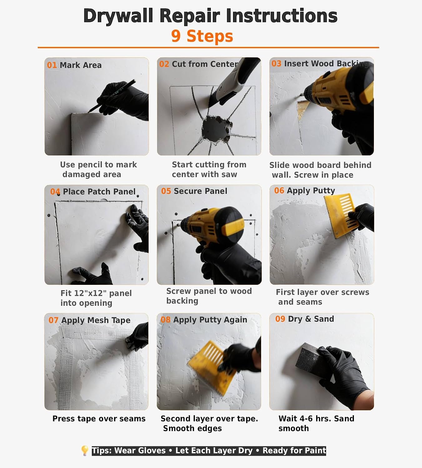 Drywall Repair Kit，34 Pcs 12x12inch Wall Patch Kit with Saw& Wood Boards | Drywall Patch Kit for Large Holes，Sheetrock Repair Kit for Cracks, Dents&Nail Holes-Quick & Easy Wall Surface Repair Solution