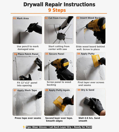 Drywall Repair Kit，34 Pcs 12x12inch Wall Patch Kit with Saw& Wood Boards | Drywall Patch Kit for Large Holes，Sheetrock Repair Kit for Cracks, Dents&Nail Holes-Quick & Easy Wall Surface Repair Solution