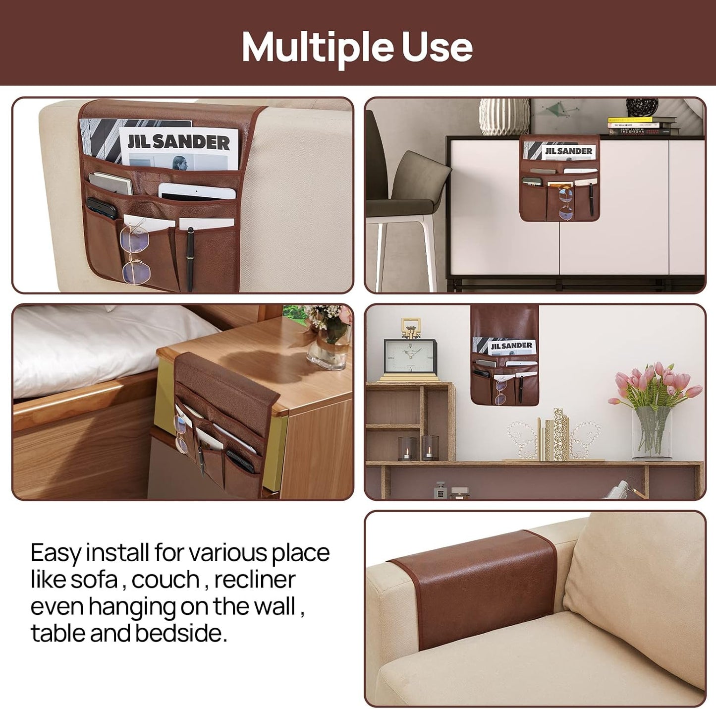 Teniux Remote Control Holder GRS Certified Armrest Organizer with 6 Pockets for recliner couch sofa, Recycled Material Armchair Caddy for Smart Phone, Book, Magazines, Ipad(Brown)