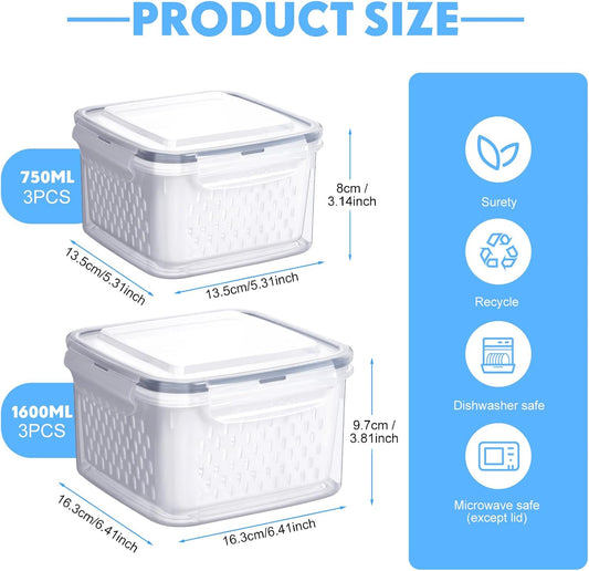 6 Pcs Fruit Storage Containers for Fridge, Food Storage Containers Berry Produce Fridge Organizer with Removable Colander Keep Fruits, Vegetable, Veggie, Meat Fresh Longer(Small, Medium, Large)