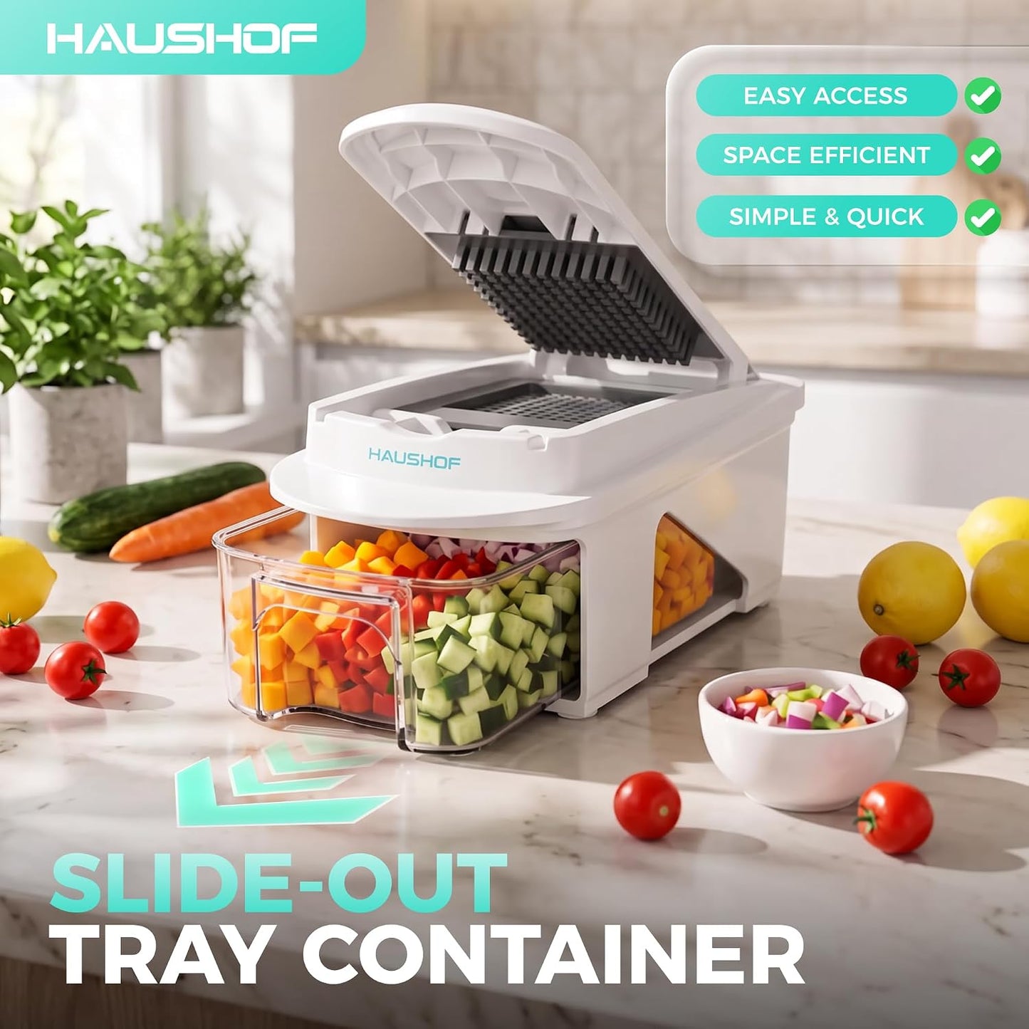 HAUSHOF 9-in-1 Vegetable Chopper & Mandoline Slicer, 7 Blades, Drain Basket | Food and Veggie Chopper and Dicer, Grater, Kitchen Prep Tool with Container, Safety Holder, Interchangeable Blades