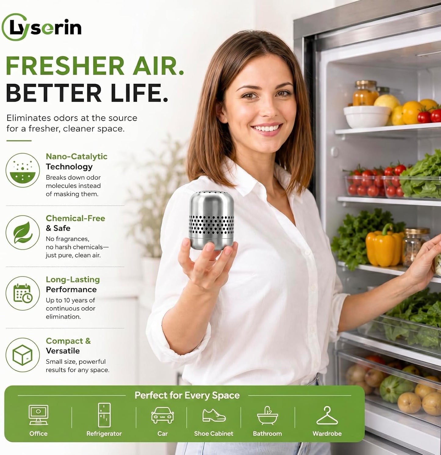 Refrigerator Deodorizer, Lasts Up to 10 Years, for Fridge Closet and Car | 1-Pack Multi-Purpose Odor Eliminator for Refrigerators, Closets and Cars; Outperforms Baking Soda and Charcoal