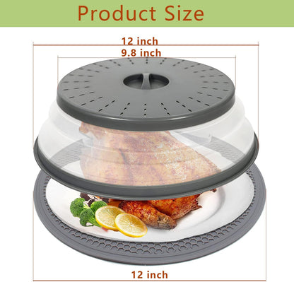 12“ Large Microwave Splatter Cover & Silicone Mat,12 Inchs Vented Collapsible Guard dish Plate lid & Round Kitchen mat for food