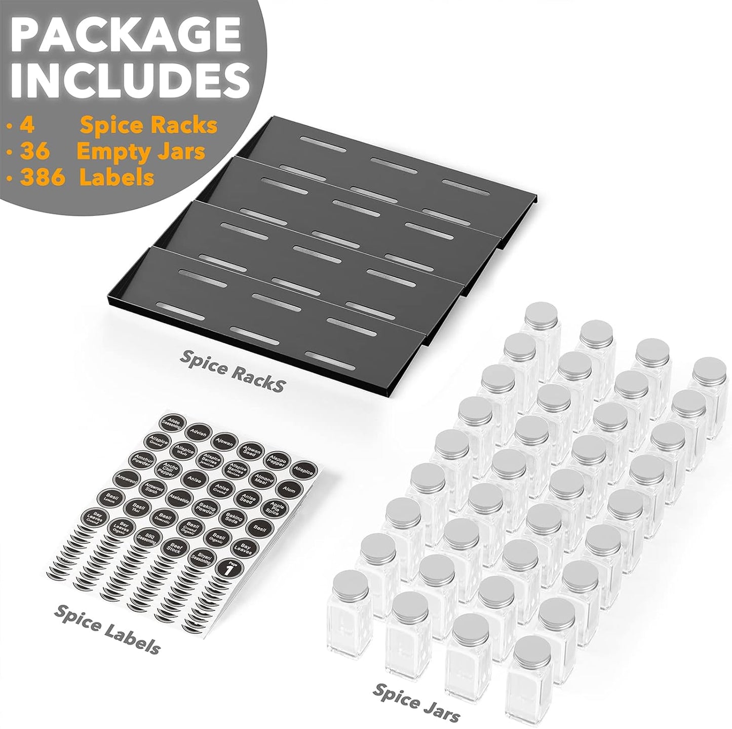SpaceAid Spice Drawer Organizer with 28 Spice Jars, 386 Spice Labels, 4 Tier Seasoning Rack Tray Insert for Kitchen Drawers, 13" Wide x 17.5" Deep