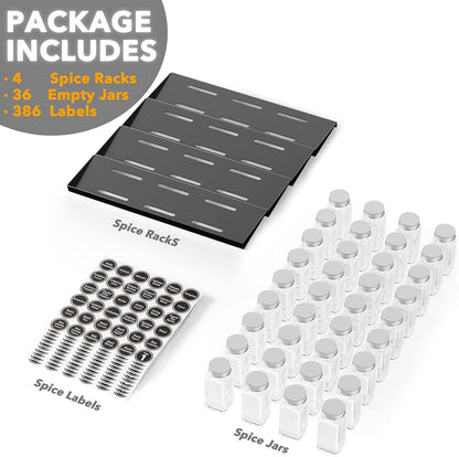 SpaceAid Spice Drawer Organizer with 28 Spice Jars, 386 Spice Labels, 4 Tier Seasoning Rack Tray Insert for Kitchen Drawers, 13" Wide x 17.5" Deep