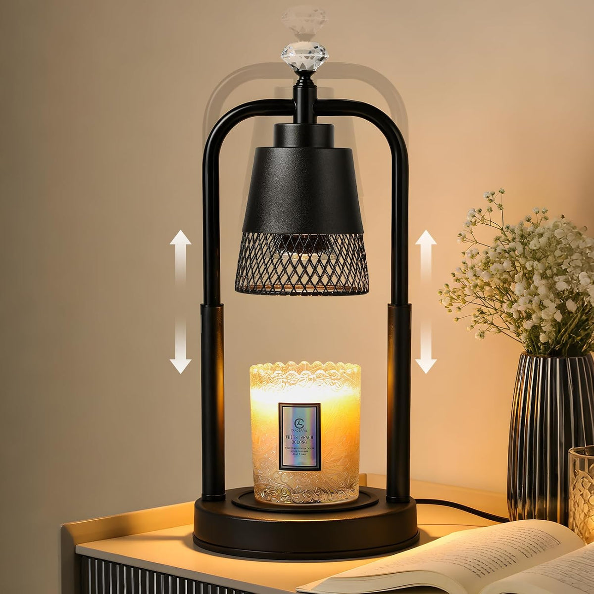 Table Lamp Candle Warmer Flameless 2.5- 6.5in Height Adjustable Timer Dimmer Wax Melt Warmer Lamp for Large 3 Wicks Jar Candles Modern Bedside Lamp for Mothers Day House Warming Home Decor Living Room