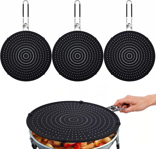 3 Pcs Silicone Splatter Screen for Frying Pan Grease Oil Splatter Foldable Splash Guard Heat Resistant Multi Use for Baking and Cooking(Black)