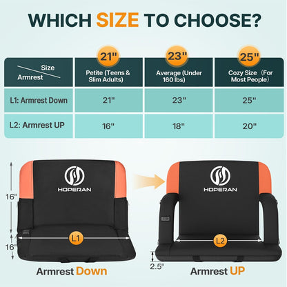 HOPERANHeated Stadium Seats Orange | Independent Seat & Back 3 Level Heat (NO Battery), Soft Cushion, 6 Recliner, Anti-Slip, Side Pockets, Backpack Straps
