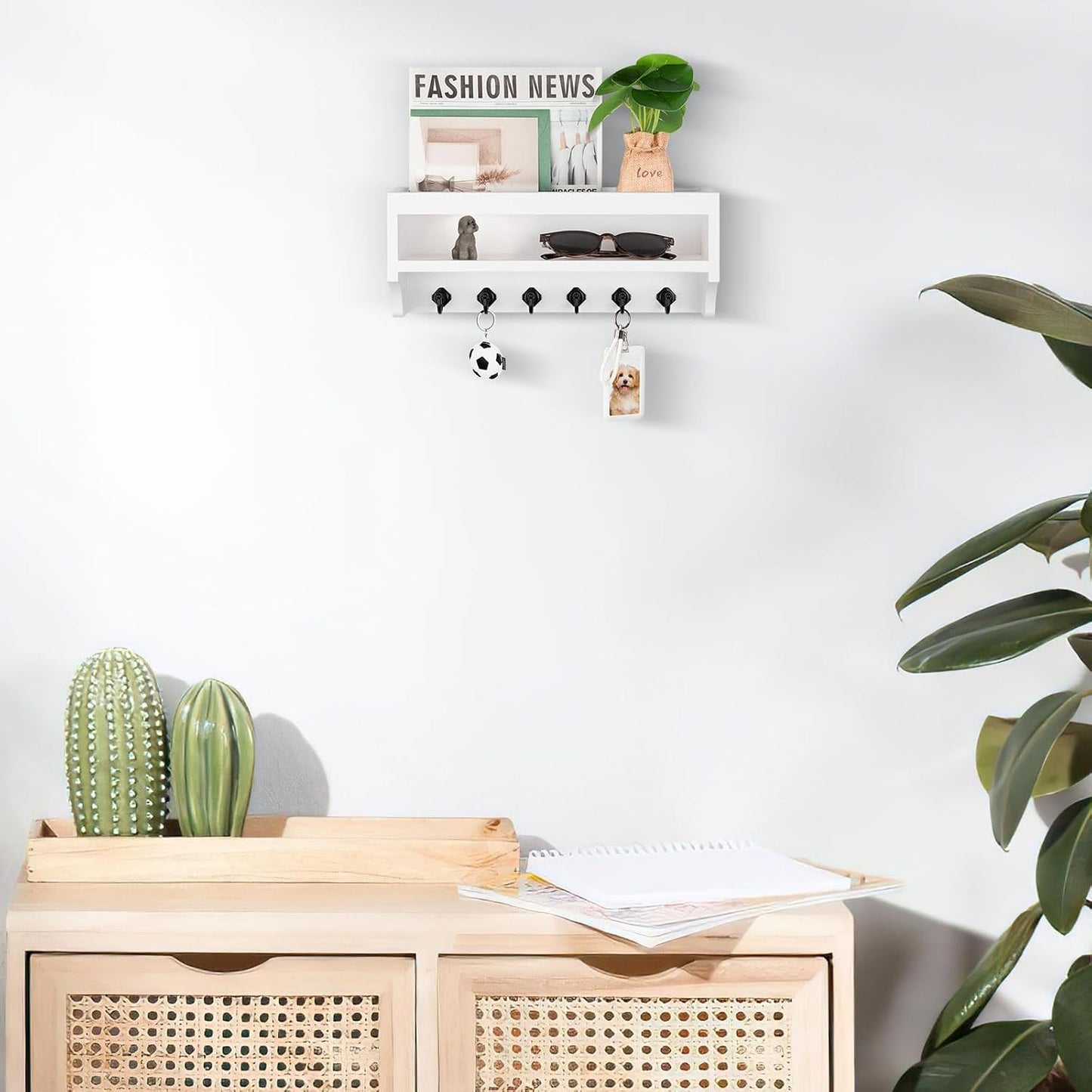 Nekon Key Holder Wall Mount, Pine Wooden Mail Organizer, White | 12.8"W x 5.6"H x 3.7"D Wall Mounted Key and Mail Organizer with 6 Key Hooks, Key Rack for Home Entryway Decor