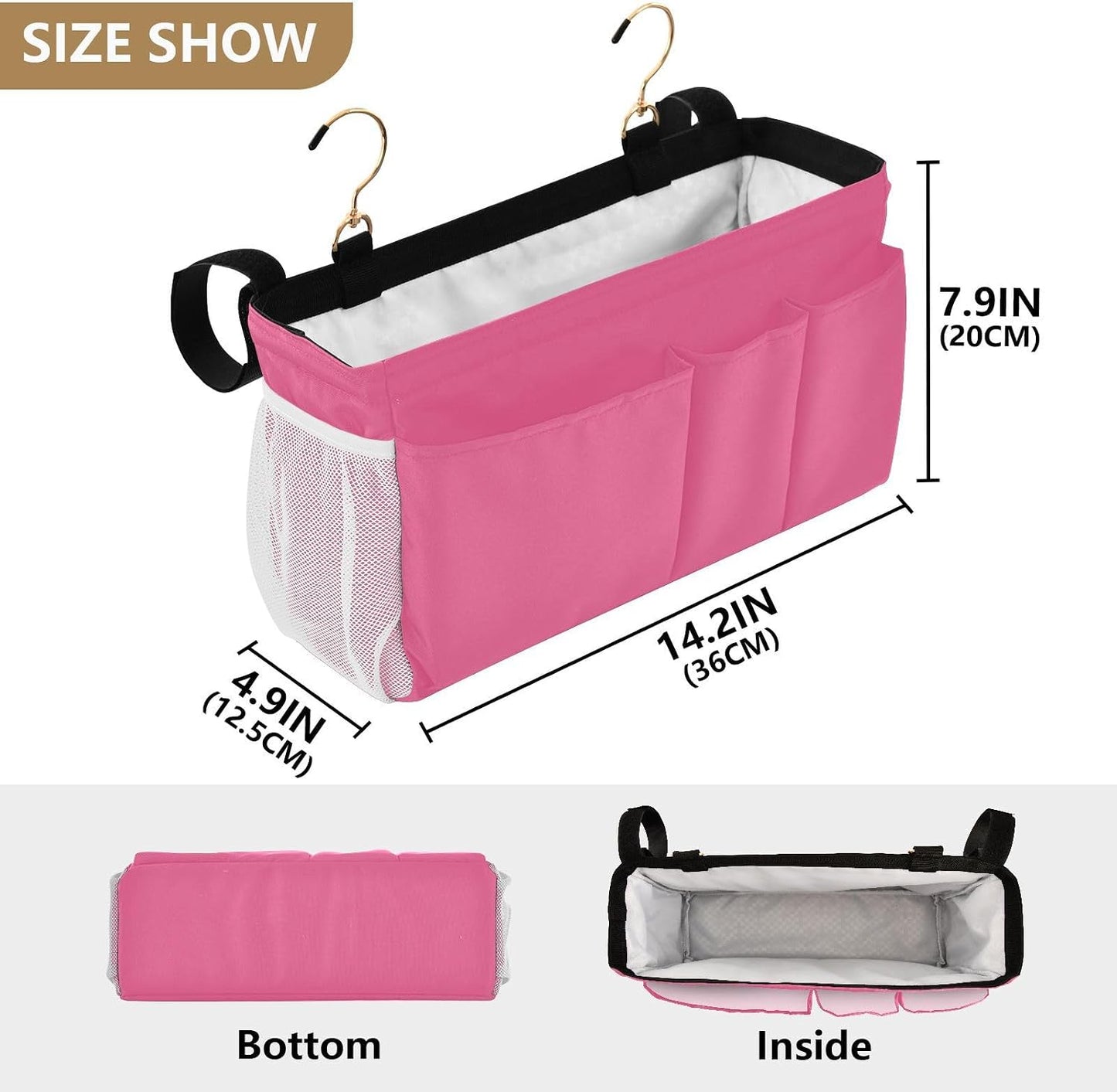 Black Bedside Caddy Storage Bag Bedside Organizer for Bed Rails College Dorm Room Organizer Caddy Hanging Shelf 6 Pockets with Hooks for Drinks Magazine Phone Holder