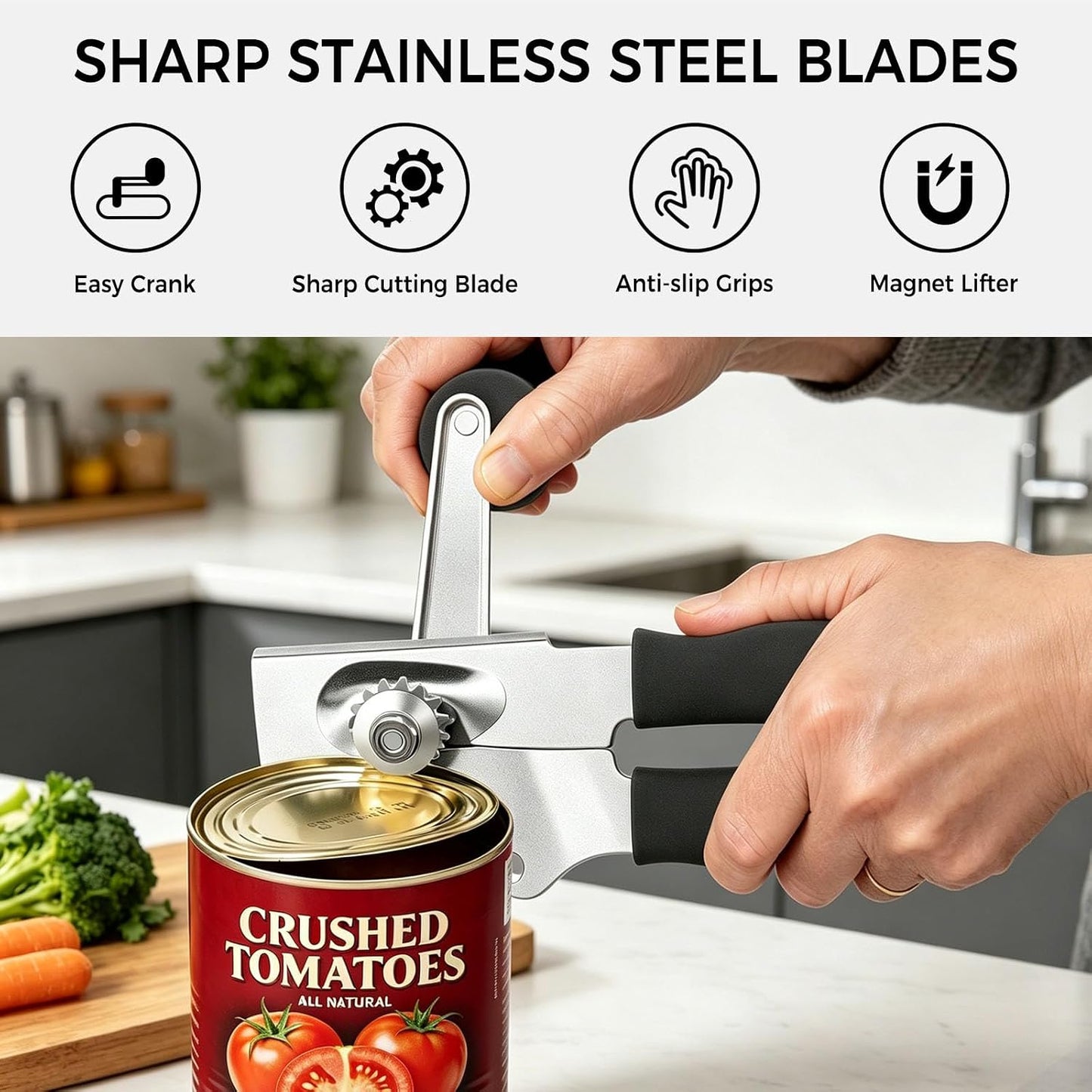 NileHome Commercial Hand Crank Can Opener with Extra-Long Handles, Black | Heavy Duty Durable, Built-In Magnet, Smooth Cranking, Manual Can Opener, Ideal for Large Cans, Senior-Friendly