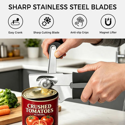 NileHome Commercial Hand Crank Can Opener with Extra-Long Handles, Black | Heavy Duty Durable, Built-In Magnet, Smooth Cranking, Manual Can Opener, Ideal for Large Cans, Senior-Friendly