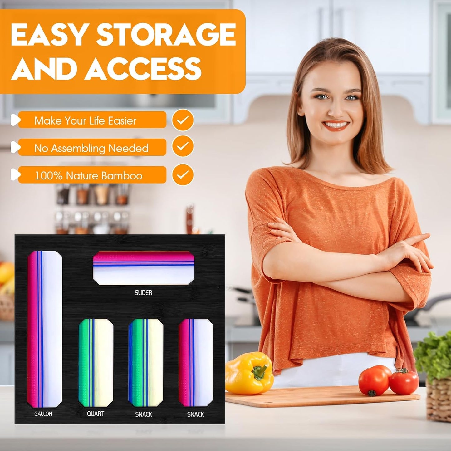 9 in 1 Foil and Plastic Wrap Dispenser with Cutter, Black Bamboo Ziplock Bag Organizer for Drawer - Holds Gallon, Quart Bags & Aluminum Foil/Wax Paper, Wall Mountable Kitchen Storage