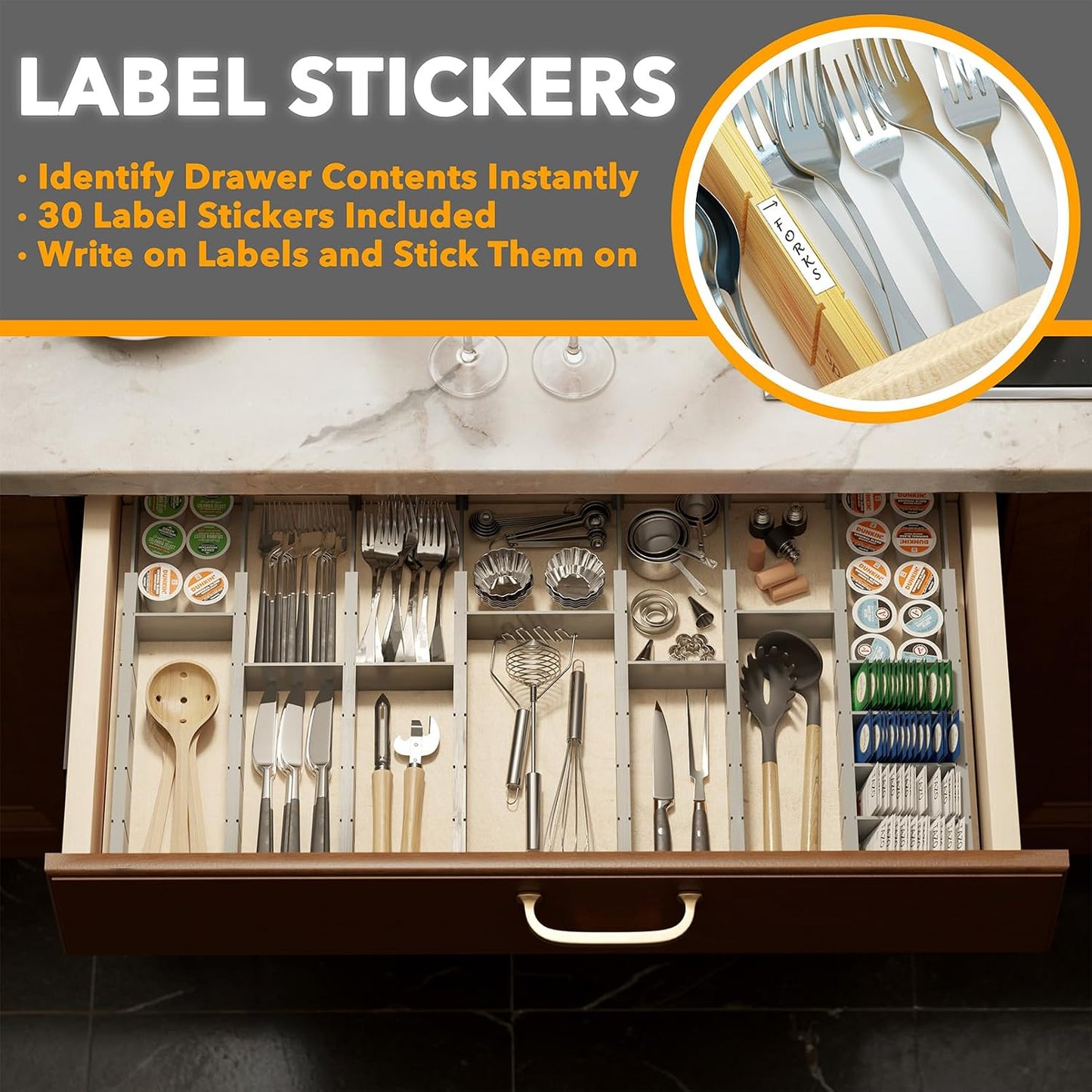 SpaceAid Bamboo Drawer Dividers with Inserts and Labels, Kitchen Adjustable Drawer Organizers, Expandable Organization for Home, Office, Dressers, 4 Dividers with 9 Inserts (17"-22" Natural)