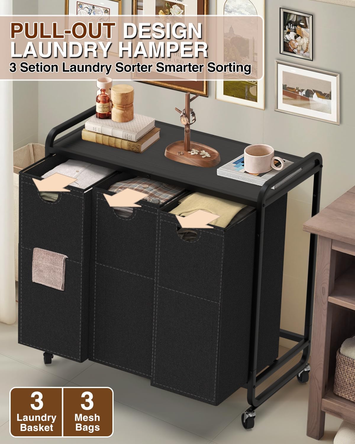 Laundry Sorter 3 Section,Laundry Basket with Wheels,3×15.8 Gal (60L) | Laundry Room Organization with Wooden Desktop Shelf,Pull-Out and Removable 900D Oxford Fabric Laundry Bags for Laundry Room