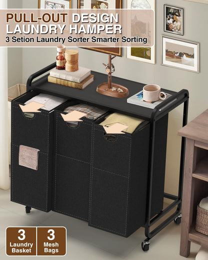 Laundry Sorter 3 Section,Laundry Basket with Wheels,3×15.8 Gal (60L) | Laundry Room Organization with Wooden Desktop Shelf,Pull-Out and Removable 900D Oxford Fabric Laundry Bags for Laundry Room
