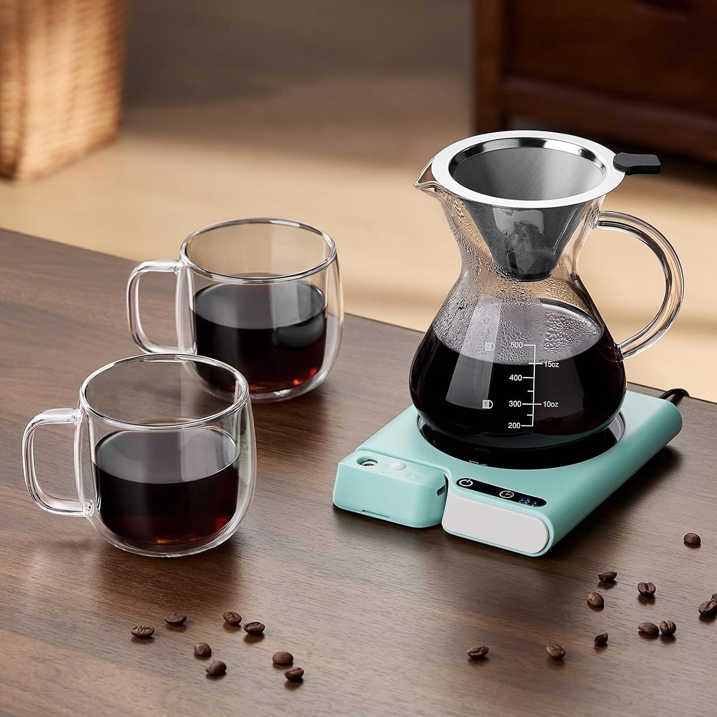 Mug Warmer with 4-Hour Auto Shut Off, 3 Temperature Settings, Frosted Black Rectangular Electric Beverage Heater, Borosilicate Glass Panel, 54-Inch Cord, Coffee Warmer for Desk, Tea Warmer