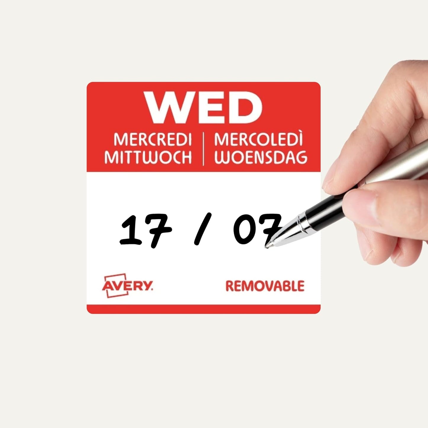 Avery Removable, Hand Writable, Food Day Labels, Wednesday, Strong Adhesive, 25 x 25 mm, Red, 1000 Labels, Preprinted Design (DLSWEDREV-1000)