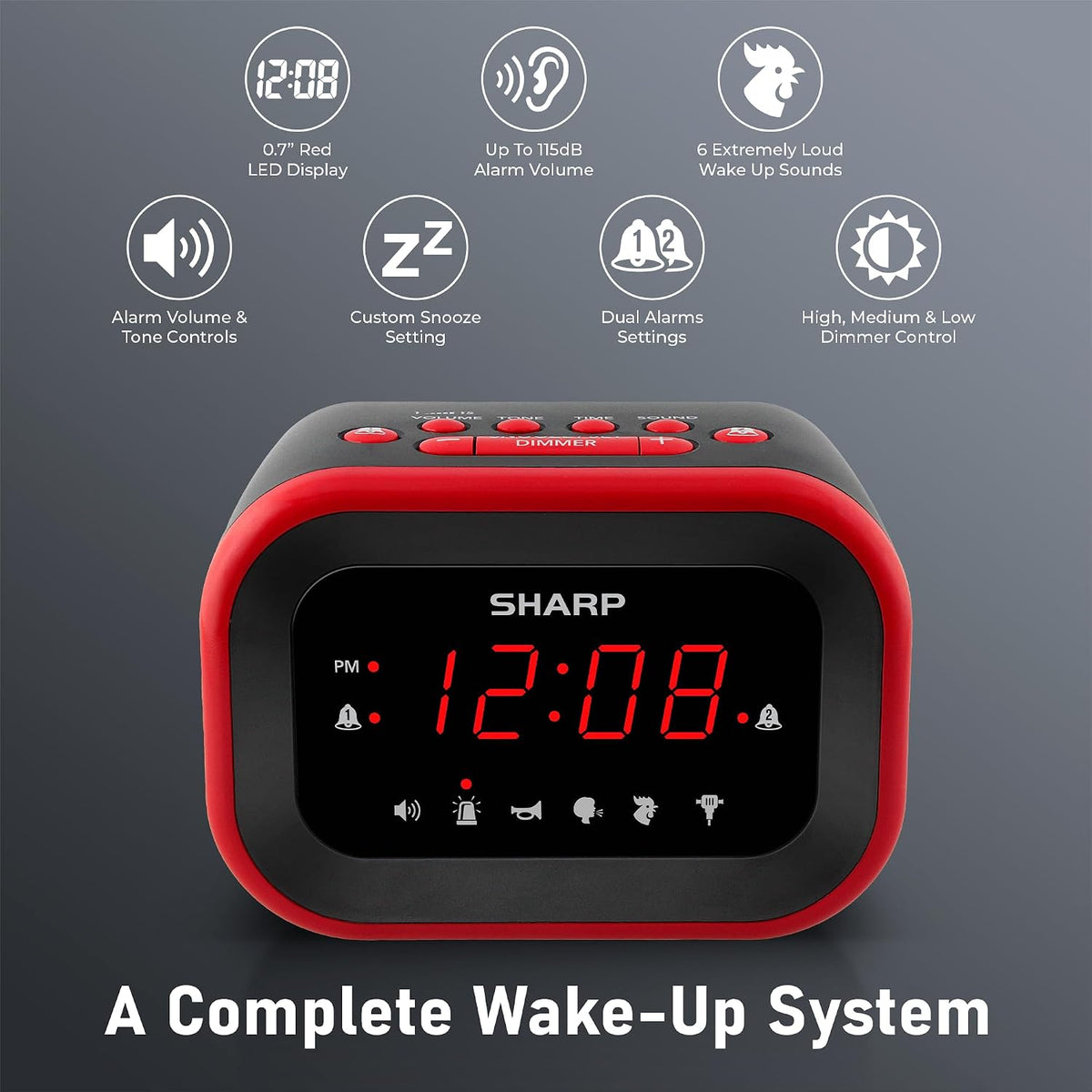 Sharp Big Bang 115dB Alarm Clock for Heavy Sleepers, Dual Alarms
