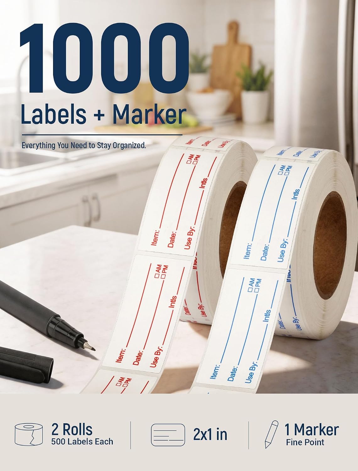 2 Rolls 1000 Pcs Removable Food Labels, 1 x 2 Inch Date Stickers w/Bonus Writing Pen for Freezer Refrigerator Food Containers, Easy to Write on Food Labeling for Food Storage Organization Kitchen Use