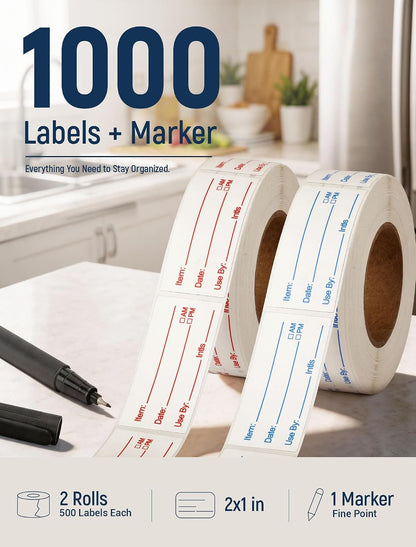 2 Rolls 1000 Pcs Removable Food Labels, 1 x 2 Inch Date Stickers w/Bonus Writing Pen for Freezer Refrigerator Food Containers, Easy to Write on Food Labeling for Food Storage Organization Kitchen Use