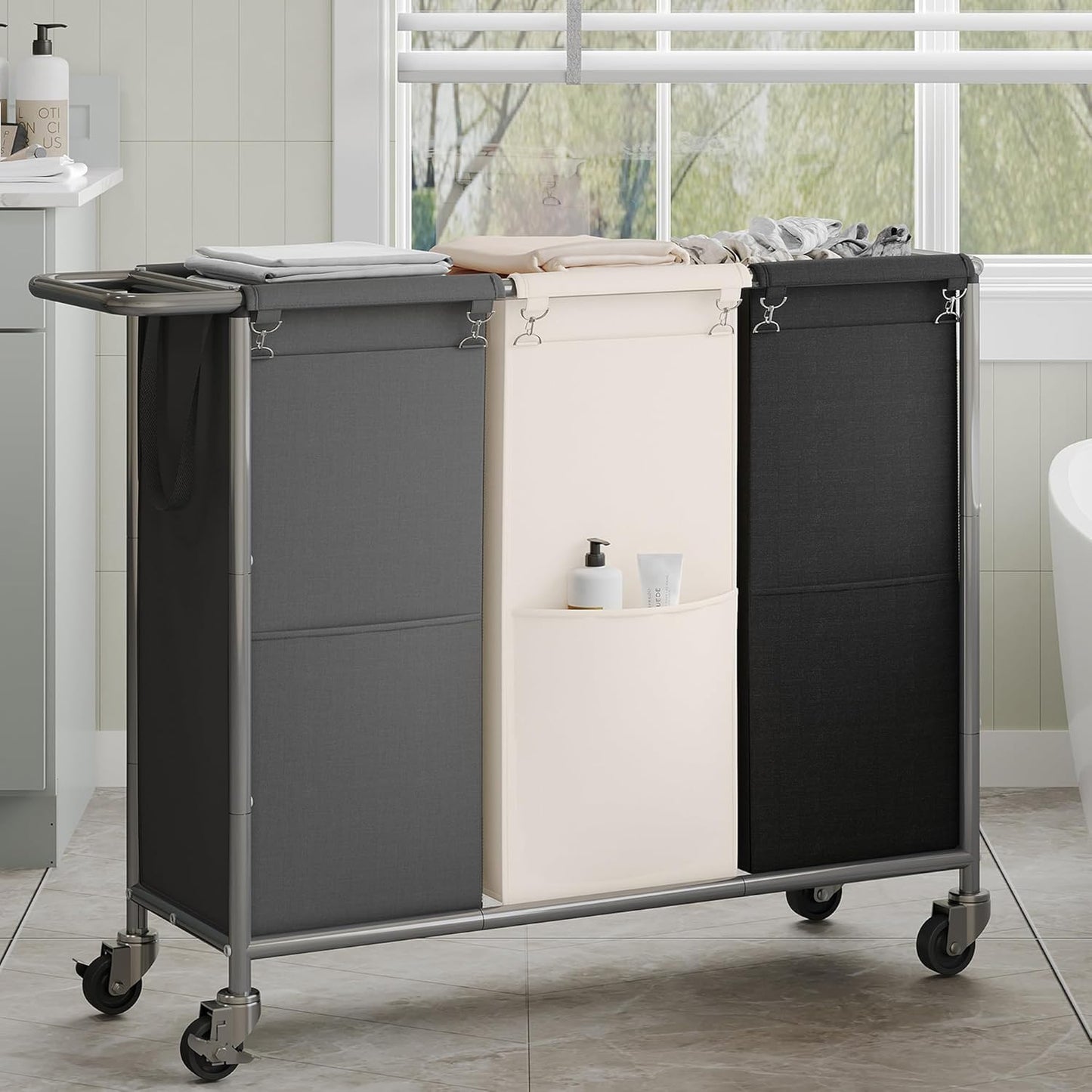Heybly 3-Section Laundry Sorter Hamper,Rolling Laundry Hamper with Removable Bags – Heavy-Duty Laundry Sorter Cart with Wheels for Dirty Clothes, 40.2 x 15.4 x 33.1 Inches HLH024P03