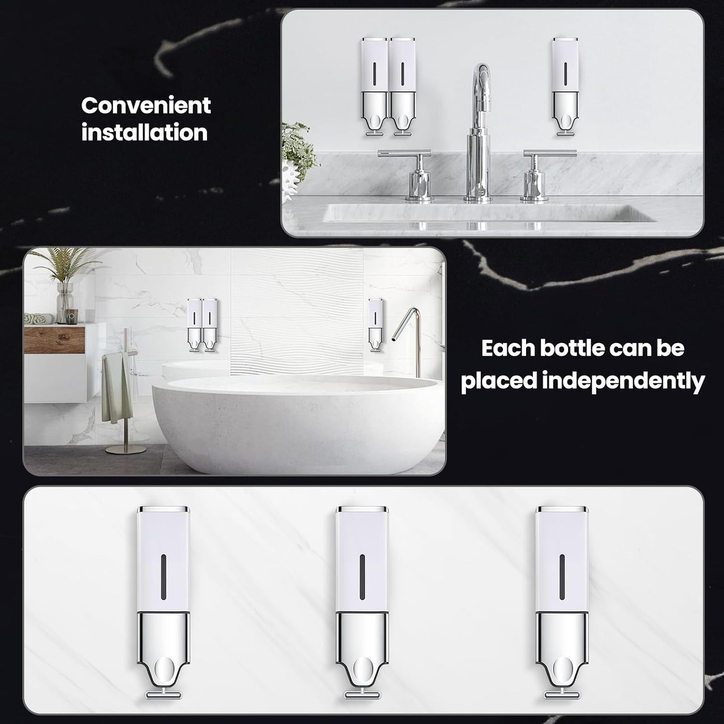 EHORIA Shampoo and Conditioner Dispenser, Shower Soap Dispenser | Shower Dispenser 3 Chamber No Drill, Wall Mounted Refillable Bottles, Shower Accessories for Bathroom, RV&Hotel,18.6oz 3 in 1