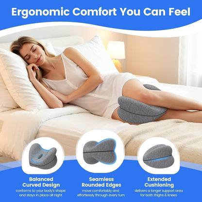 Knee Pillow for Side Sleepers, Leg Pillow with Washable Cover, Grey | Memory Foam Pillow for Sleeping Blood Circulation, Legs Spine Aligning Sciatica Back Hip Knee Support