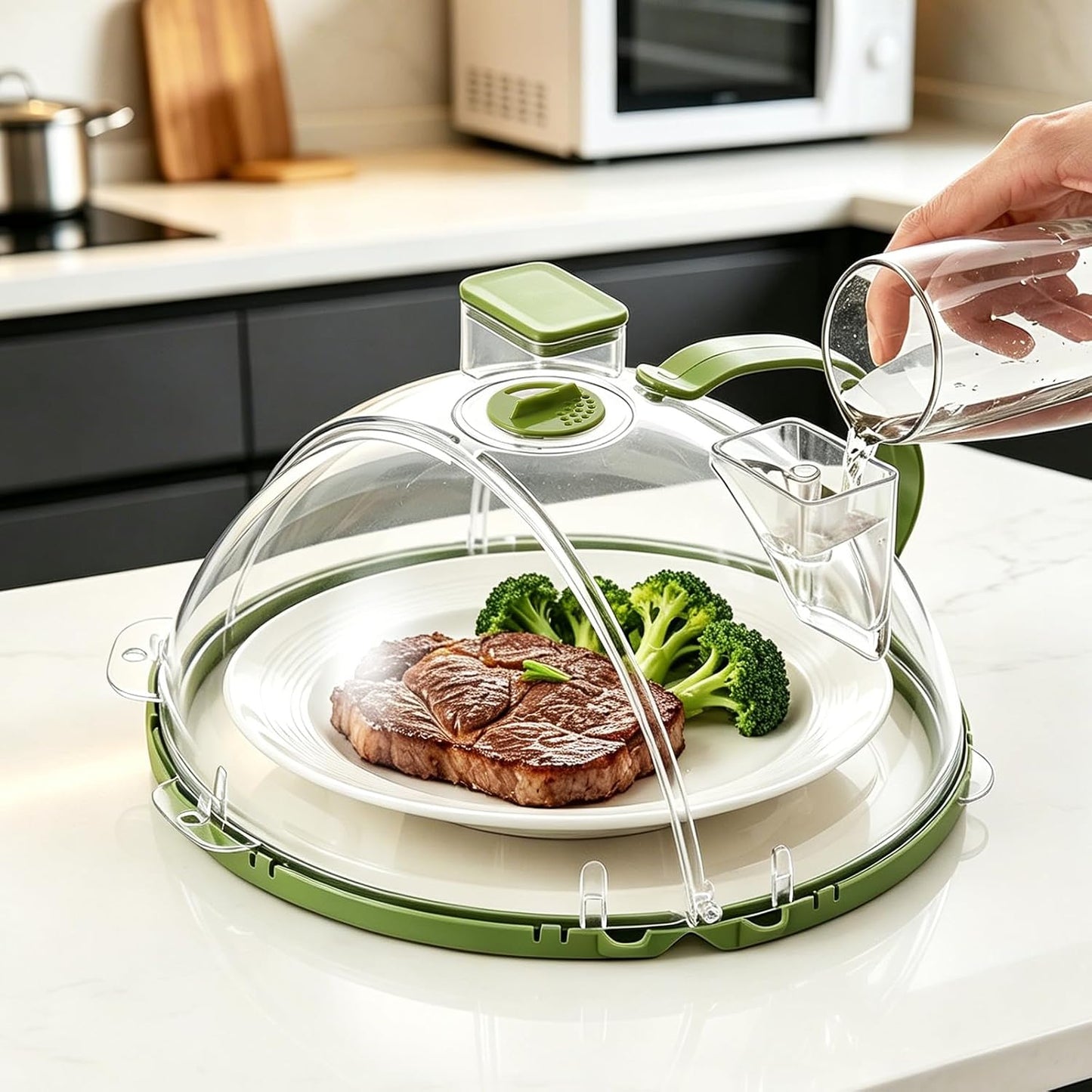 UFORU 10-Inch Foldable Microwave Splatter Cover for Food with Water Steamer | Clear Plate Cover with Handle Helps Contain Food Splatter Guard,Collapses for Compact Drawer or Cabinet Storage,Space-Saving
