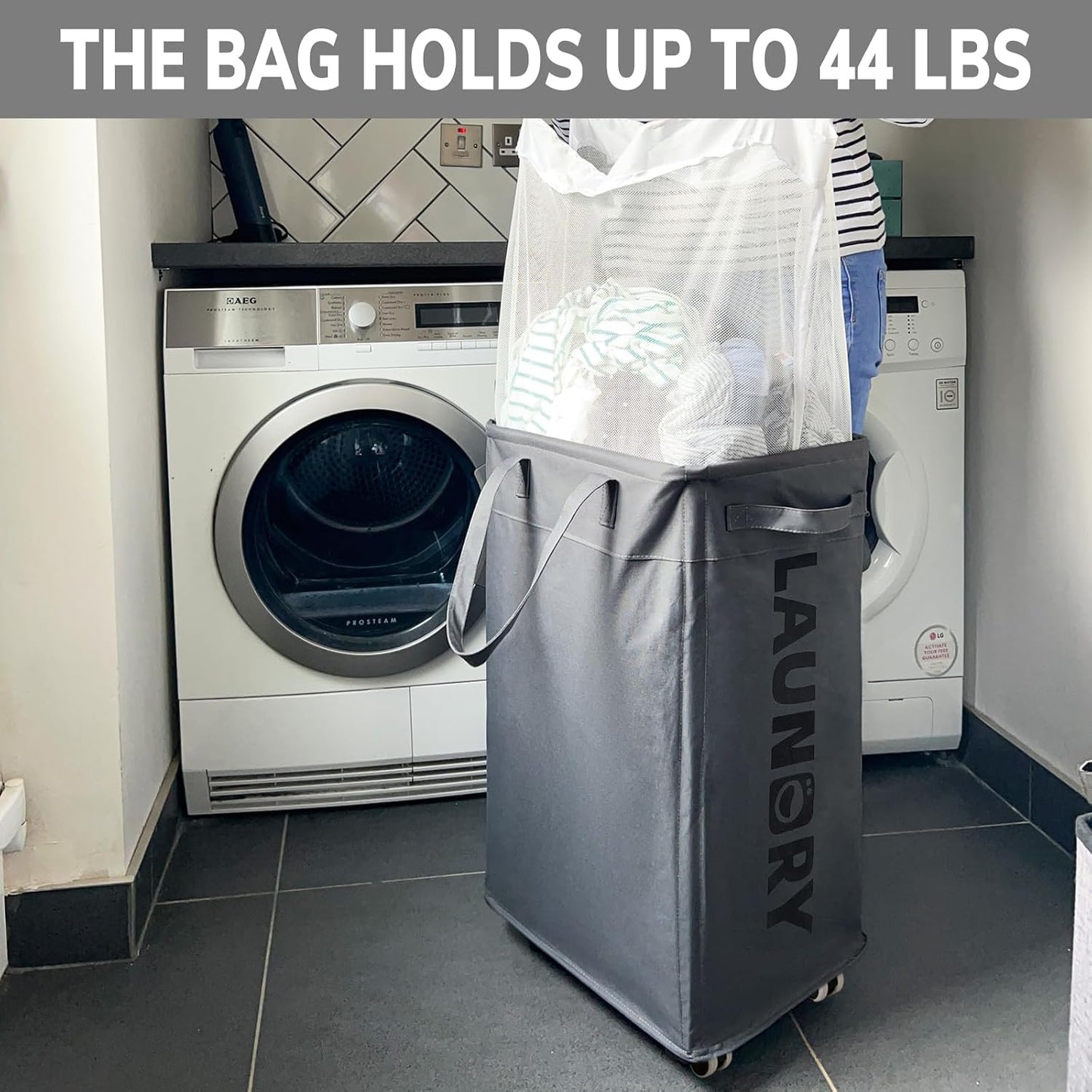 Goodpick 75L Laundry Basket with Wheels & Removable Wash Bag for Dorm | Rolling Laundry Basket with Handles for Dirty Clothes, Fodable Hamper for Laundry Room, Dorm Room Essentials, Grey