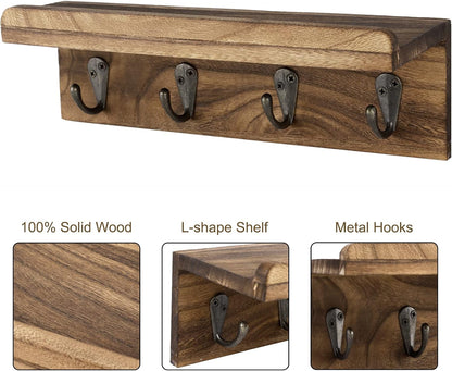 HRONRAD Rustic Key Holder for Wall, Farmhouse Wall Shelf with 4 Hooks, Wall Mounted Key Racks, Wooden Mail Organizer with Hooks for Entryway (Brown - Pine)