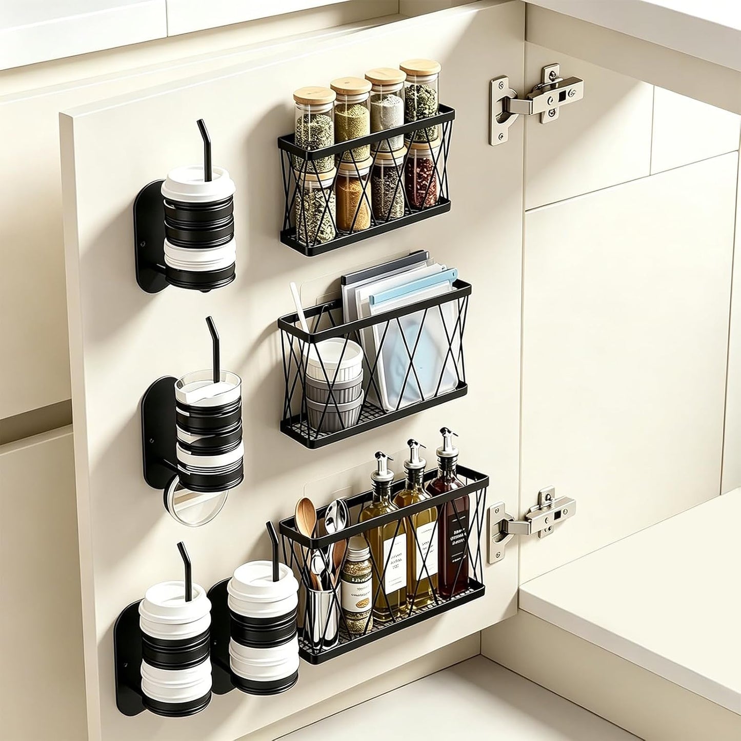 8 Pack Cabinet Door Organizer,No Drill Adhesive Metal Pot Lid Holder with 4 Storage Baskets &4 Tumbler Lid Holders,Rustproof Inside Cabinet Food Container Lid Storage Rack for Kitchen Pantry Bathroom