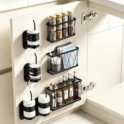 8 Pack Cabinet Door Organizer,No Drill Adhesive Metal Pot Lid Holder with 4 Storage Baskets &4 Tumbler Lid Holders,Rustproof Inside Cabinet Food Container Lid Storage Rack for Kitchen Pantry Bathroom
