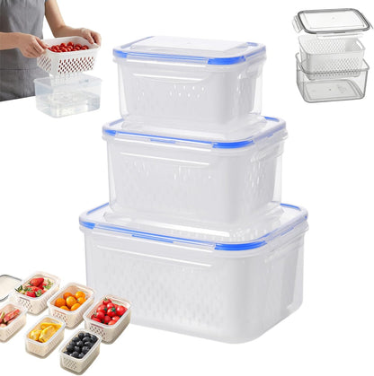 Fruit Storage Containers for Fridge, 4 in 1 Food Storage Container with Removable Colander, Airtight Produce Saver, Stackable Fridge Organizer for Wash, Drain & Store (Gray, S)