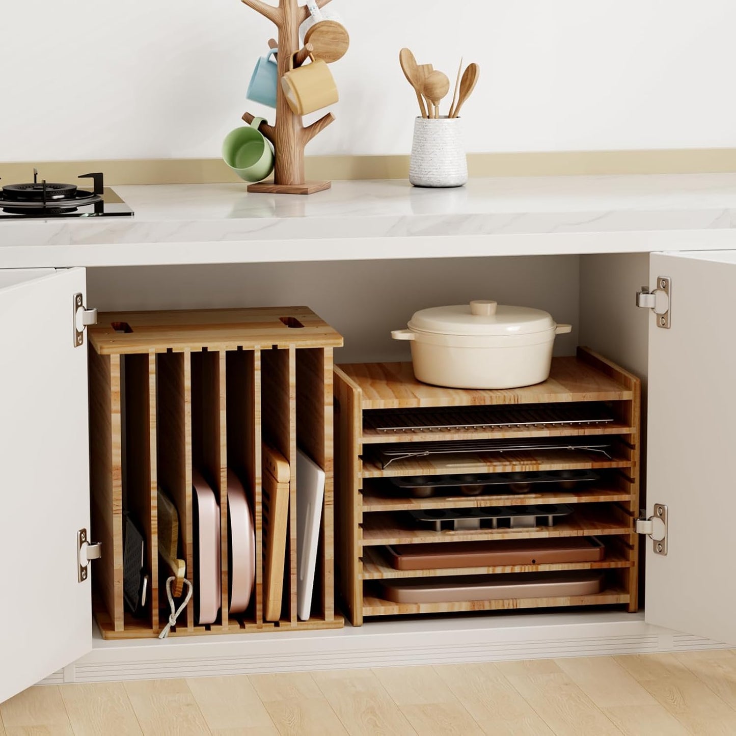 7 Tiers Cookie Sheet Organizer for Cabinet, Wooden Tray Dividers for Kitchen Cabinets Baking Sheet Pan Organizer, for Heavy Pans, Cutting Board, Bakeware, Kitchen Cupboard Storage, Solid Wood